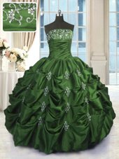 Sleeveless Floor Length Beading and Appliques and Embroidery and Pick Ups Lace Up Sweet 16 Dresses with Green