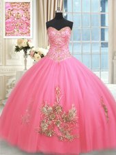 Simple Floor Length Ball Gowns Sleeveless Rose Pink Quinceanera Gown Lace Up