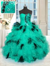 Superior Turquoise Sleeveless Beading and Ruffles Floor Length Ball Gown Prom Dress