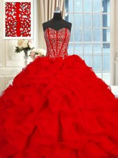 Fitting Red Lace Up Sweetheart Beading and Ruffles Sweet 16 Dress Organza Sleeveless Brush Train