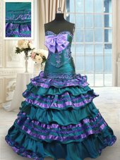 Peacock Green Quinceanera Gowns Taffeta Sweep Train Sleeveless Appliques and Ruffled Layers and Bowknot