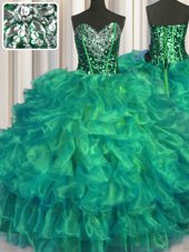 Turquoise Sweetheart Lace Up Beading and Ruffles Ball Gown Prom Dress Sleeveless