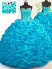 Glamorous With Train Ball Gowns Sleeveless Aqua Blue 15th Birthday Dress Brush Train Lace Up