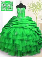 Pick Ups Ruffled With Train Ball Gowns Sleeveless Green 15th Birthday Dress Brush Train Lace Up