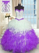 Low Price White And Purple Sweet 16 Dresses Military Ball and Sweet 16 and Quinceanera and For with Beading and Ruffles Sweetheart Sleeveless Lace Up