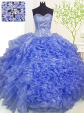 On Sale Blue Sweetheart Neckline Beading and Ruffles and Pick Ups Quinceanera Gown Sleeveless Lace Up