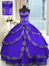 Taffeta Sweetheart Sleeveless Lace Up Beading and Appliques and Ruffled Layers Sweet 16 Dress in Blue