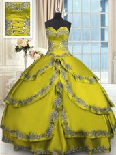 Olive Green Ball Gowns Taffeta Sweetheart Sleeveless Beading and Appliques and Ruffled Layers Floor Length Lace Up 15th Birthday Dress