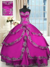 Fuchsia Taffeta Lace Up Sweetheart Sleeveless Floor Length 15th Birthday Dress Beading and Embroidery