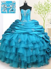 With Train Lace Up Sweet 16 Dress Teal and In for Military Ball and Sweet 16 and Quinceanera with Beading and Appliques and Ruffled Layers and Pick Ups Brush Train