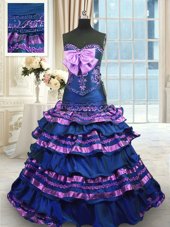 Stylish Navy Blue Sweetheart Neckline Appliques and Ruffled Layers and Bowknot Quinceanera Dresses Sleeveless Lace Up