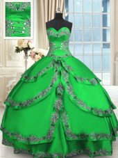 Low Price Green Sleeveless Beading and Embroidery and Ruffled Layers Floor Length Quinceanera Dresses