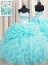 Modern Pick Ups Visible Boning Sweetheart Sleeveless Lace Up Sweet 16 Dresses Aqua Blue Organza