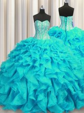 Visible Boning Sweetheart Sleeveless Quinceanera Gown Brush Train Beading and Ruffles Aqua Blue Organza