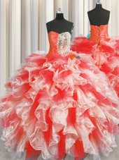 Red Organza Lace Up 15 Quinceanera Dress Sleeveless Floor Length Beading and Ruffles