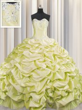 Popular Brush Train Light Yellow Sleeveless Beading and Pick Ups Lace Up 15 Quinceanera Dress