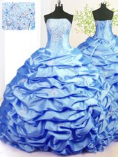 Sweep Train Baby Blue Ball Gowns Beading and Pick Ups Quinceanera Gowns Lace Up Taffeta Sleeveless With Train