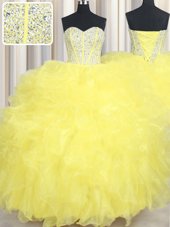 Yellow Sleeveless Floor Length Beading and Ruffles Lace Up Quinceanera Dresses