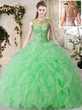 Cute Scoop Sleeveless Organza Floor Length Lace Up Quinceanera Gowns in Green for with Beading and Ruffles