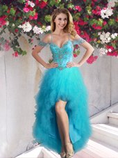 Fine Off The Shoulder Sleeveless Tulle Teens Party Dress Beading and Ruffles Lace Up