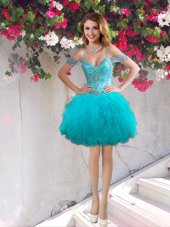 Sexy Off the Shoulder Mini Length Ball Gowns Sleeveless Teal Pageant Dress for Girls Lace Up