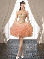 Pick Ups Spaghetti Straps Sleeveless Backless Evening Gowns Peach Organza