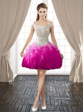 Low Price Off the Shoulder Fuchsia Sleeveless Mini Length Beading and Ruffles Backless Party Dress Wholesale