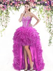 Modest Fuchsia Evening Gowns Prom and Party and For with Beading and Ruffles Sweetheart Sleeveless Lace Up