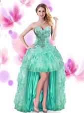 Turquoise Sleeveless Beading and Ruffles High Low Pageant Gowns