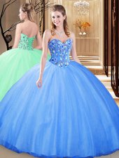 Blue Ball Gowns Embroidery Quinceanera Dress Lace Up Tulle Sleeveless Floor Length