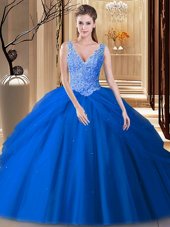 Pick Ups Floor Length Ball Gowns Sleeveless Blue Vestidos de Quinceanera Backless