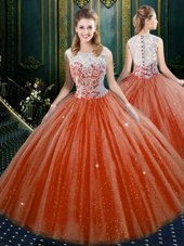 Orange Red Zipper Quinceanera Dress Lace Sleeveless Floor Length