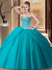 Custom Made Sweetheart Sleeveless Sweet 16 Dress Floor Length Beading Teal Tulle