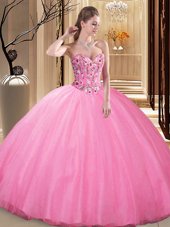 Rose Pink Tulle Lace Up Quinceanera Gowns Sleeveless Floor Length Embroidery