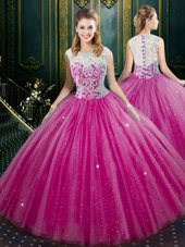 Discount Fuchsia Ball Gowns Tulle High-neck Sleeveless Lace Floor Length Zipper Quinceanera Gowns