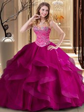 Sweet Sleeveless Tulle Floor Length Lace Up Ball Gown Prom Dress in Fuchsia for with Beading and Ruffles