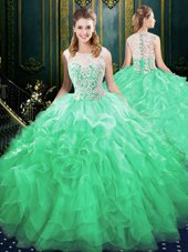 Discount Scoop Green Sweet 16 Dresses Organza and Tulle Brush Train Sleeveless Appliques and Ruffles