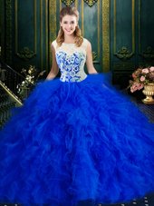 Ball Gowns Quinceanera Dress Royal Blue Scoop Tulle Sleeveless Floor Length Zipper