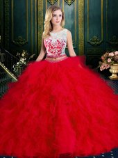 Scoop Sleeveless Quinceanera Dresses Floor Length Lace and Ruffles Red Tulle