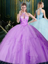 Smart Lavender Lace Up Halter Top Beading and Lace and Ruffles Quince Ball Gowns Tulle Sleeveless