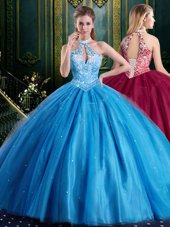 Fitting Baby Blue Halter Top Neckline Beading and Lace and Appliques 15th Birthday Dress Sleeveless Lace Up