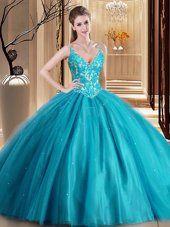 Fashion Teal Spaghetti Straps Neckline Beading and Lace and Appliques Quince Ball Gowns Sleeveless Lace Up