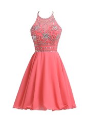 Halter Top Chiffon Sleeveless Knee Length Prom Gown and Beading