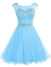 Baby Blue Zipper Beading Sleeveless Knee Length