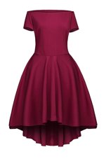 Burgundy Short Sleeves Ruching Tea Length Junior Homecoming Dress