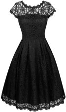 Exceptional Scalloped Black Zipper Homecoming Dresses Lace Short Sleeves Knee Length