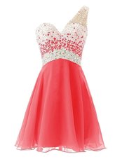 One Shoulder Sleeveless Prom Party Dress Knee Length Beading Watermelon Red Chiffon