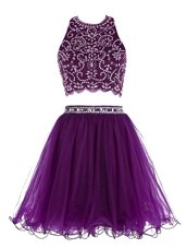 Scoop Sleeveless Mini Length Beading Clasp Handle Dress for Prom with Purple