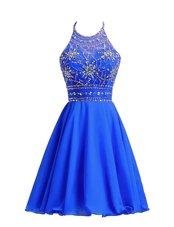 Royal Blue A-line Chiffon Halter Top Sleeveless Beading Knee Length Zipper Prom Evening Gown