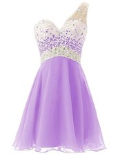 Affordable One Shoulder Sleeveless Chiffon Knee Length Criss Cross Prom Dresses in Lavender for with Beading